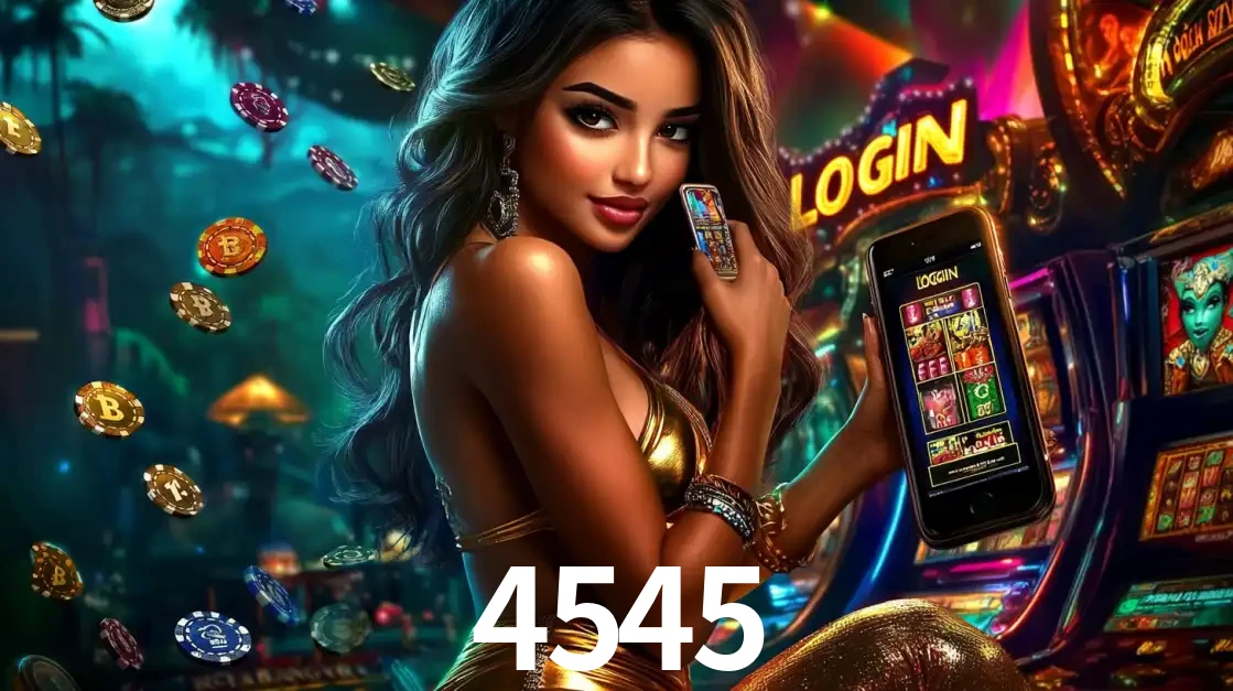 Mulher em um cenário de cassino temático de aventura, mostrando o app de caça-níqueis da 4545 no celular. Fichas de apostas flutuam ao redor.