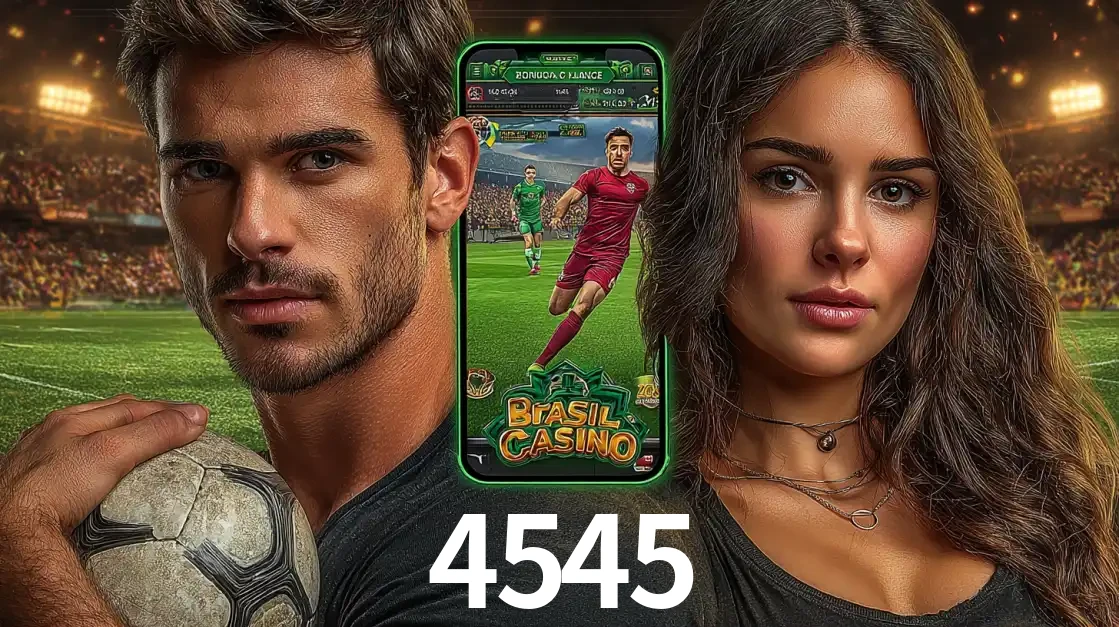 Homem segurando uma bola de futebol e uma mulher ao lado de um smartphone exibindo o jogo de apostas esportivas da 4545. Faça seu palpite no cassino online.